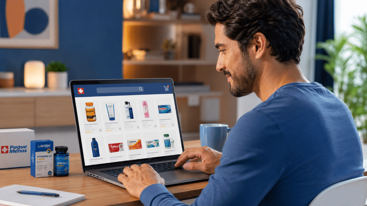 Homem sorrindo usa notebook para comprar medicamentos e suplementos na loja virtual Pague Menos em ambiente residencial