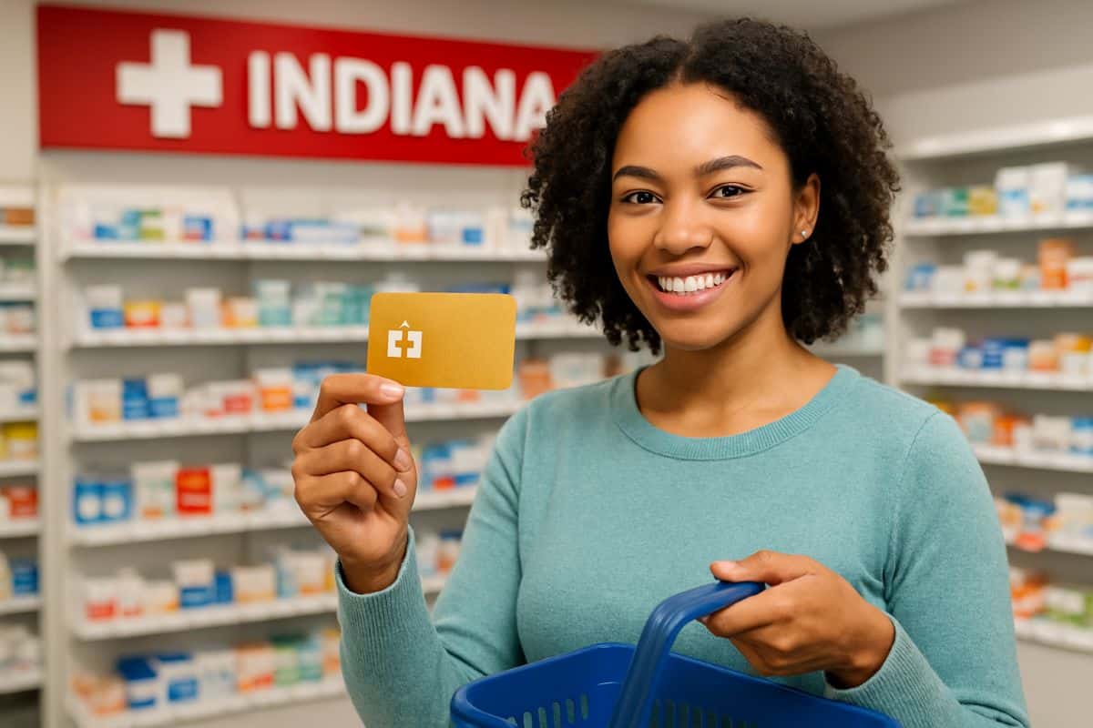 Jovem mulher negra sorrindo, segurando cartão amarelo e cesta azul na farmácia Indiana