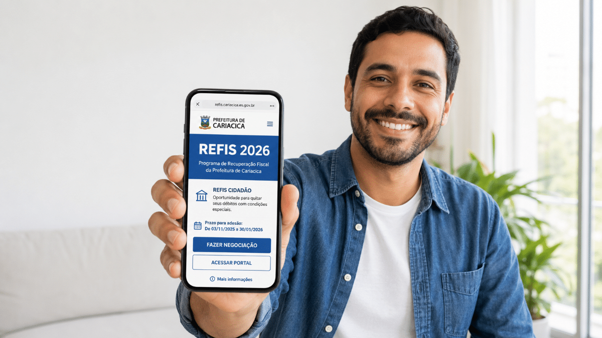 Homem sorridente mostrando celular com tela do Refis 2026 da Prefeitura de Cariacica em ambiente claro
