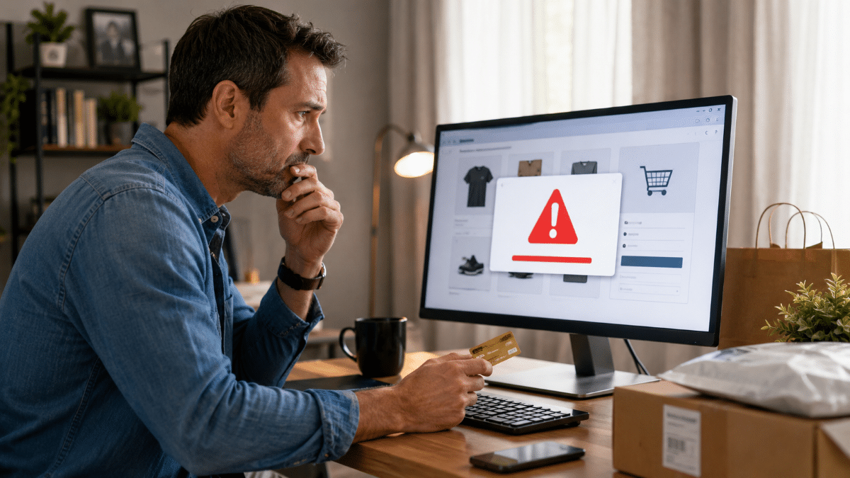 Homem preocupado segura cartão de crédito diante de alerta de erro em site de compras no computador