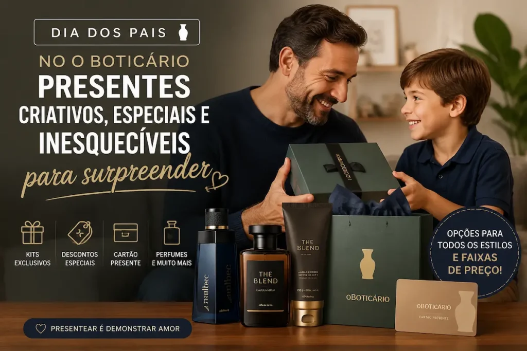 Dia dos Pais no O Boticário: presentes criativos, especiais e inesquecíveis para surpreender 2 Dia dos Pais no O Boticário com pai e filho recebendo presente e destaque para kits, perfumes e opções promocionais.