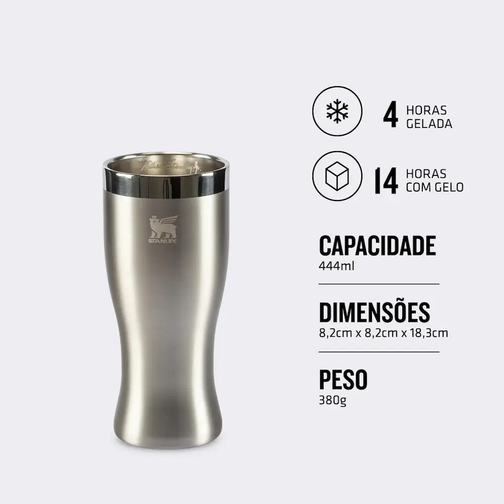 Copo Stanley com 41% de desconto: veja a oferta relâmpago antes que termine 2 Copo Pilsner Stanley de 444 ml com informações sobre capacidade, dimensões e conservação térmica.