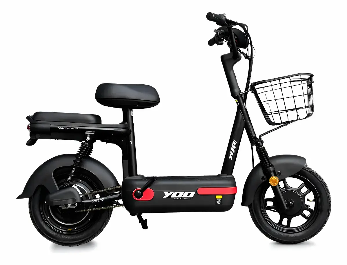 Quase pela metade do preço: bicicleta elétrica Yoo Mobility entra em oferta com 46% OFF 2 Bicicleta elétrica Yoo Mobility Y-200 preta com cesta frontal e dois assentos.