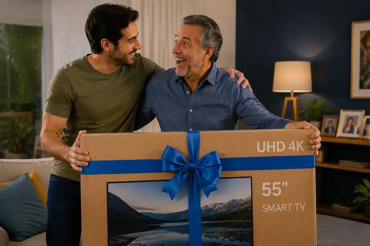 Presentes para o Dia dos Pais: TVs e soundbars entram em promoção com descontos acima de 30% 2 Filho adulto entrega uma Smart TV de presente ao pai durante comemoração do Dia dos Pais em ambiente residencial.