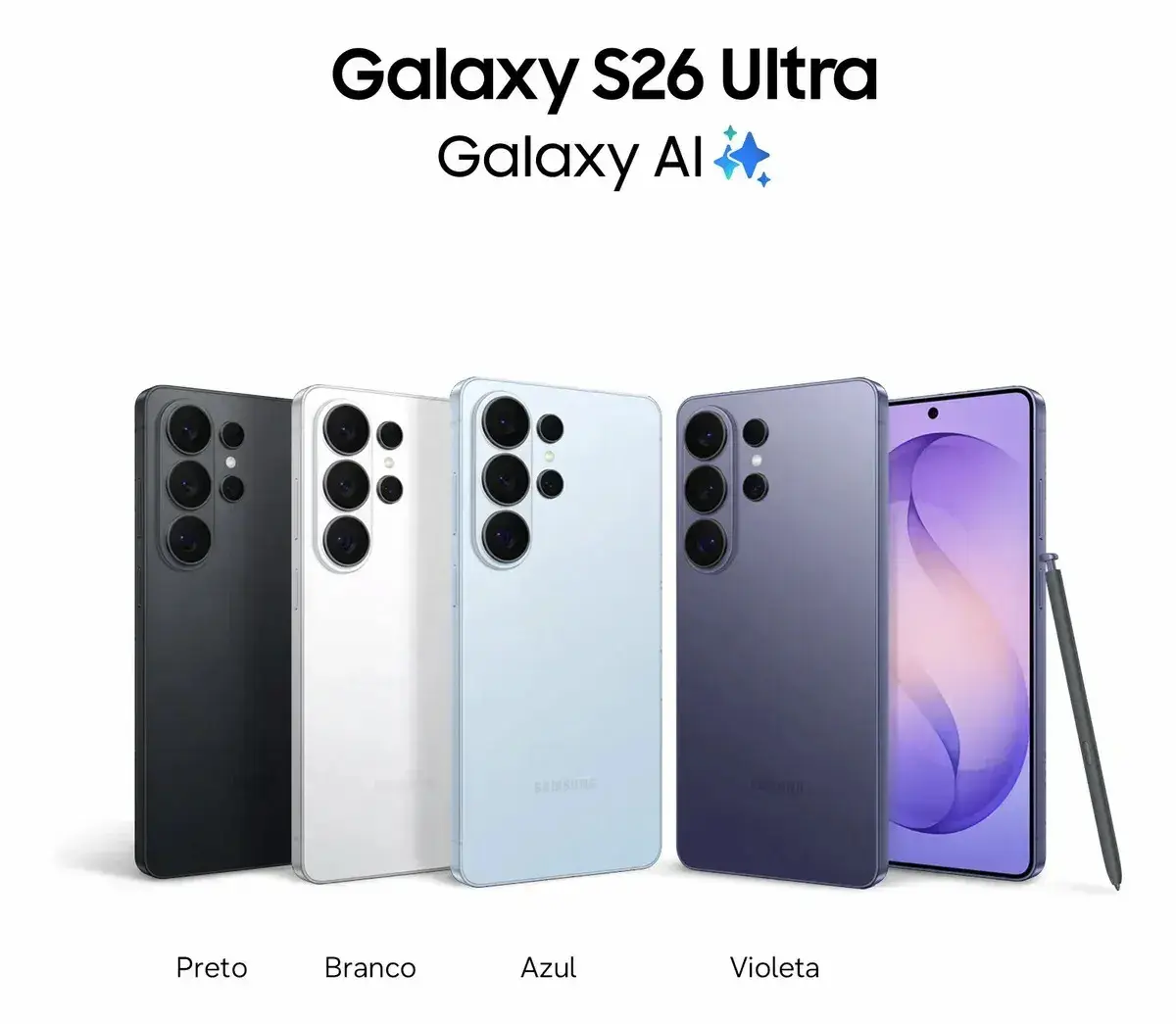 Novo Galaxy S26 Ultra entra em oferta com 37% de desconto; veja onde adquirir 2 Galaxy S26 Ultra em diferentes cores, com destaque para câmeras, tela e S Pen.