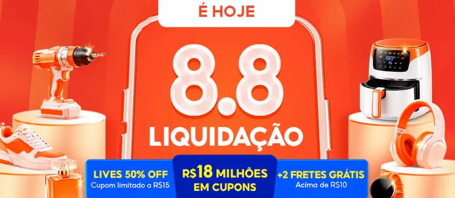 Começou o 8.8 da Shopee: veja tudo sobre a maior promoção de agosto e como aproveitar 2 Banner da promoção 8.8 Liquidação da Shopee com ofertas, cupons de desconto e frete grátis.