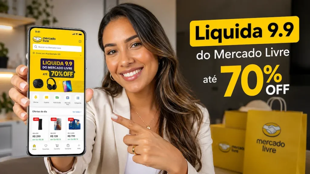 Além da Black Friday: veja como as datas duplas estão criando novas promoções no e-commerce 2 Mulher acessa aplicativo do Mercado Livre em celular durante campanha Liquida 9.9 com ofertas de até 70% OFF.