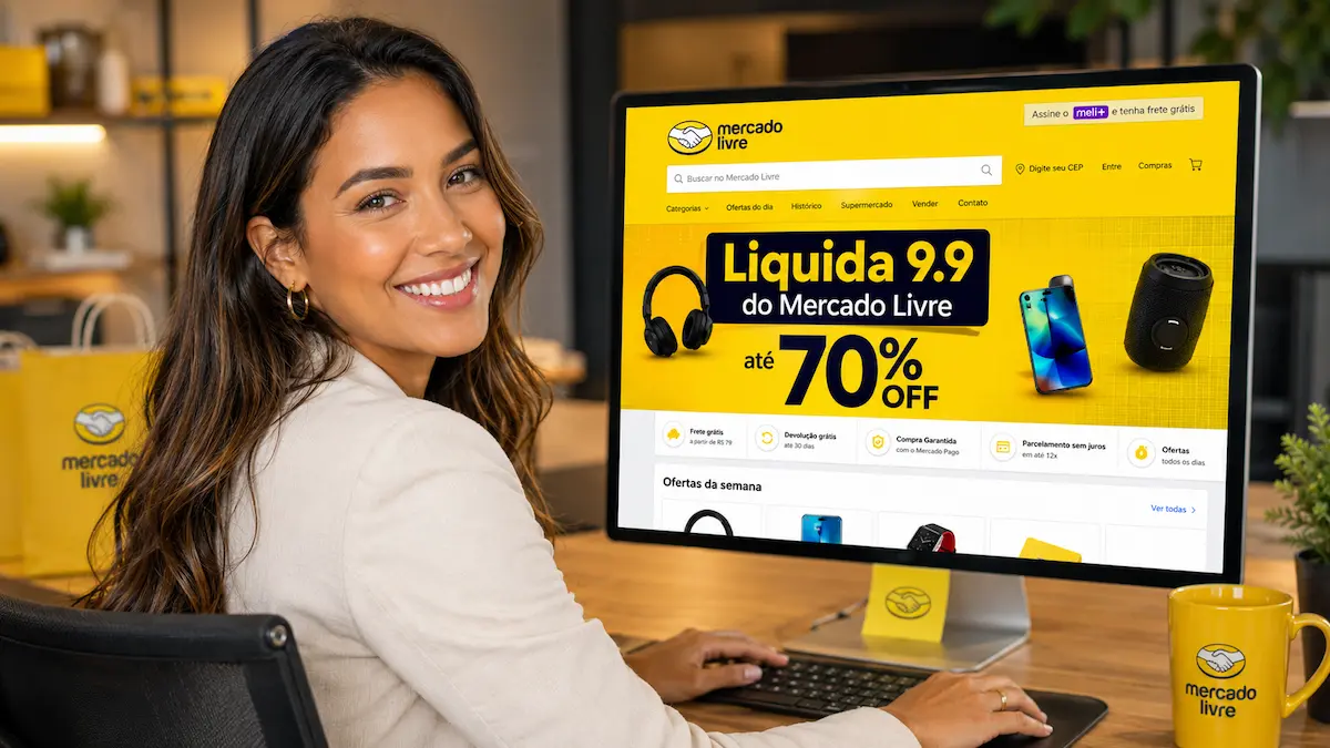 Liquida 9.9 do Mercado Livre reúne ofertas com até 70% OFF em diversos produtos 2 Consumidora acessa site do Mercado Livre em computador durante campanha de ofertas Liquida 9.9 com até 70% OFF.