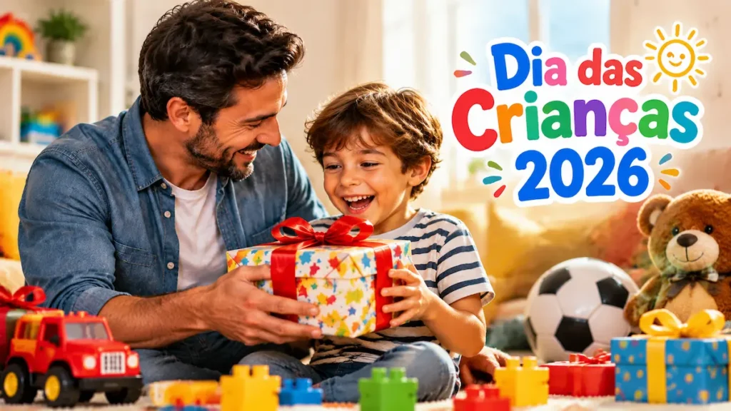 Presente de Dia das Crianças a partir de R$ 16,73: ofertas na Amazon têm descontos de mais de 50% 2 Dia das Crianças 2026 com pai entregando presente ao filho durante comemoração infantil.