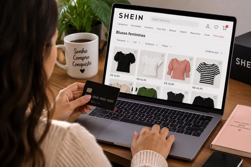 Fim da "taxa das blusinhas" da Shein e Shopee atinge pedidos de até R$ 257; entenda a conta 2 Mulher realiza compra online de roupas pelo notebook representando o fim do Imposto de Importação em compras internacionais de até US$ 50.