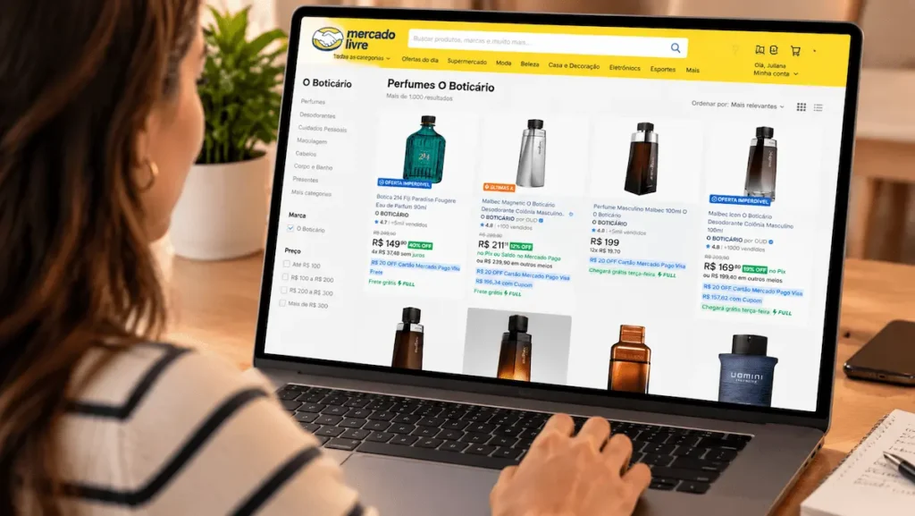 Seu perfume O Boticário favorito em oferta no Mercado Livre; veja as opções disponíveis 2 Pessoa pesquisando perfumes O Boticário em oferta no Mercado Livre pelo notebook, com opções de fragrâncias e descontos disponíveis na plataforma.