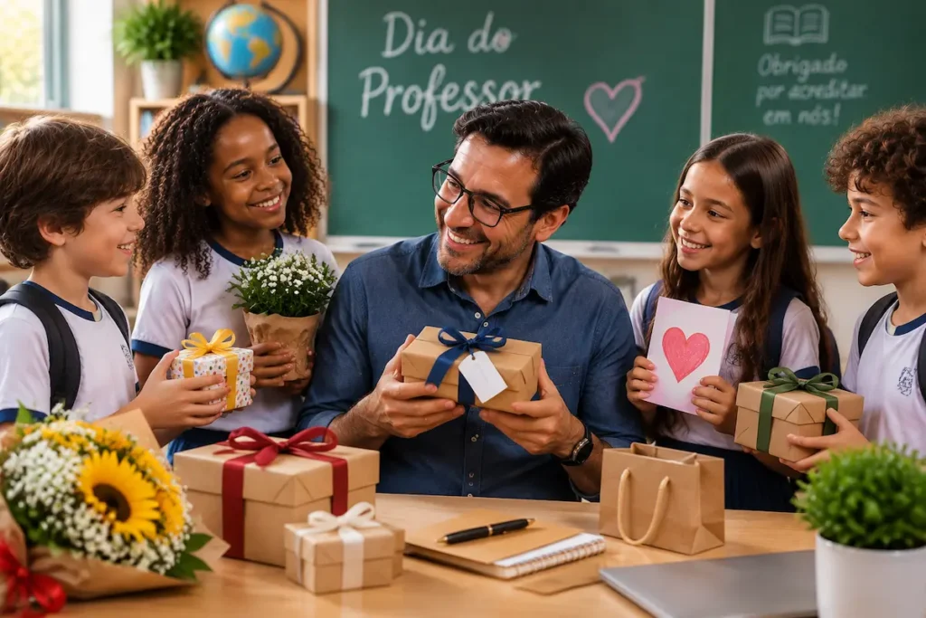 Dia do Professor: ideias de presentes até R$ 50 para agradecer sem gastar muito; veja onde comprar 2 Professor recebe presentes de alunos em homenagem ao Dia do Professor.