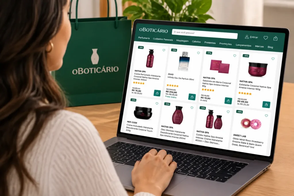 Aproveite: Boticário tem lançamentos com até 25% off e cupons especiais 2 Pessoa acessando o site do O Boticário em notebook para conferir produtos em promoção.