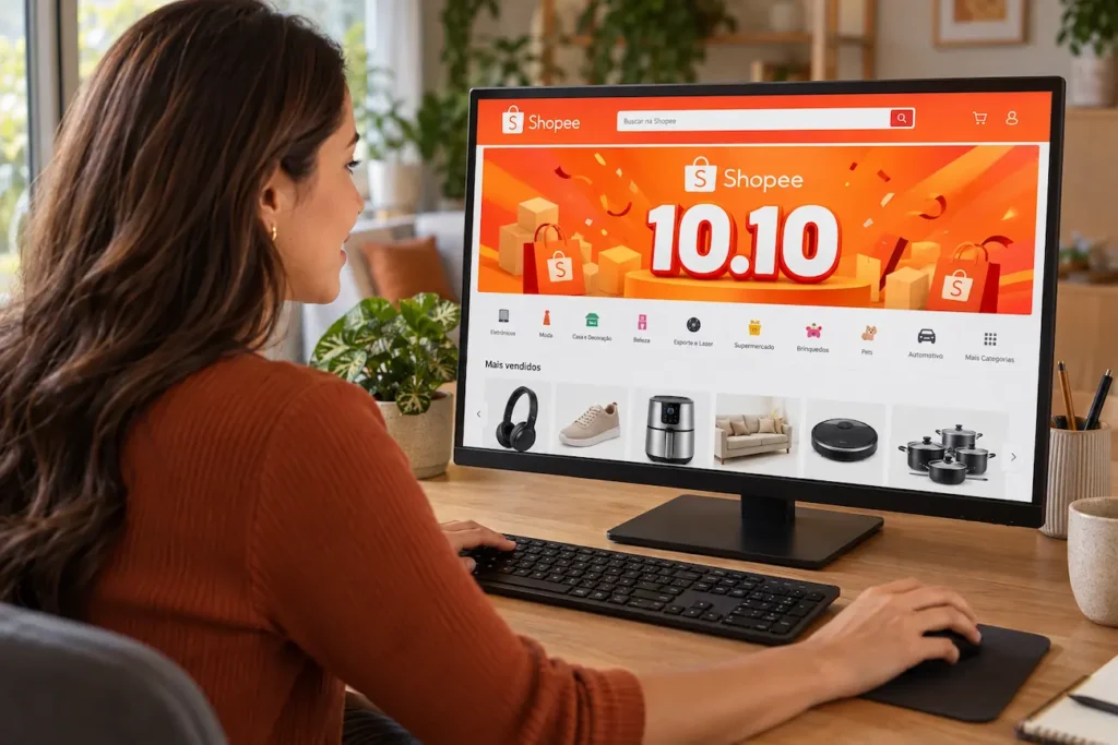 Shopee 10.10 terá R$ 18 milhões em cupons e produtos pela metade do preço; veja os horários 2 Mulher acessa o site da Shopee pelo computador, com o banner do evento 10.10 e diversos produtos na tela.