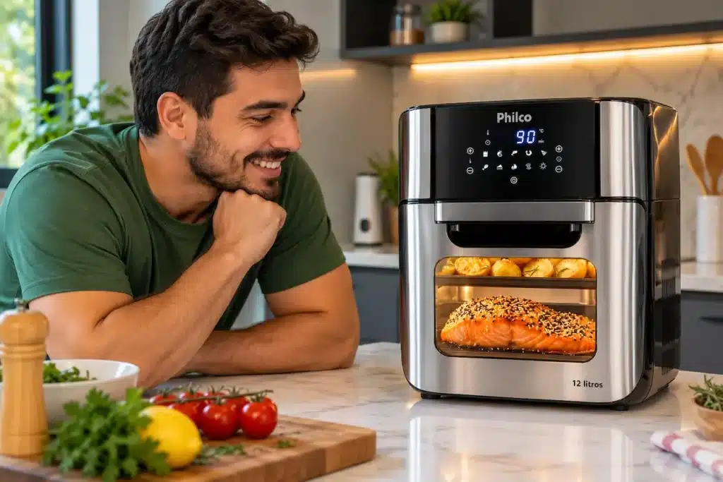 Oferta do dia: Air Fryer Philco 12L aparece com 65% de desconto na Amazon 2 Homem observa Air Fryer Oven Philco 12L em cozinha moderna durante o preparo de alimentos.