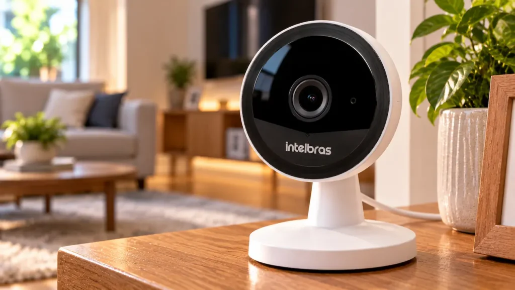 Câmera Intelbras IM1 com Wi-Fi e áudio bidirecional está 57% mais barata no Mercado Livre 2 Câmera Intelbras IM1 instalada sobre móvel em ambiente residencial para monitoramento da casa.
