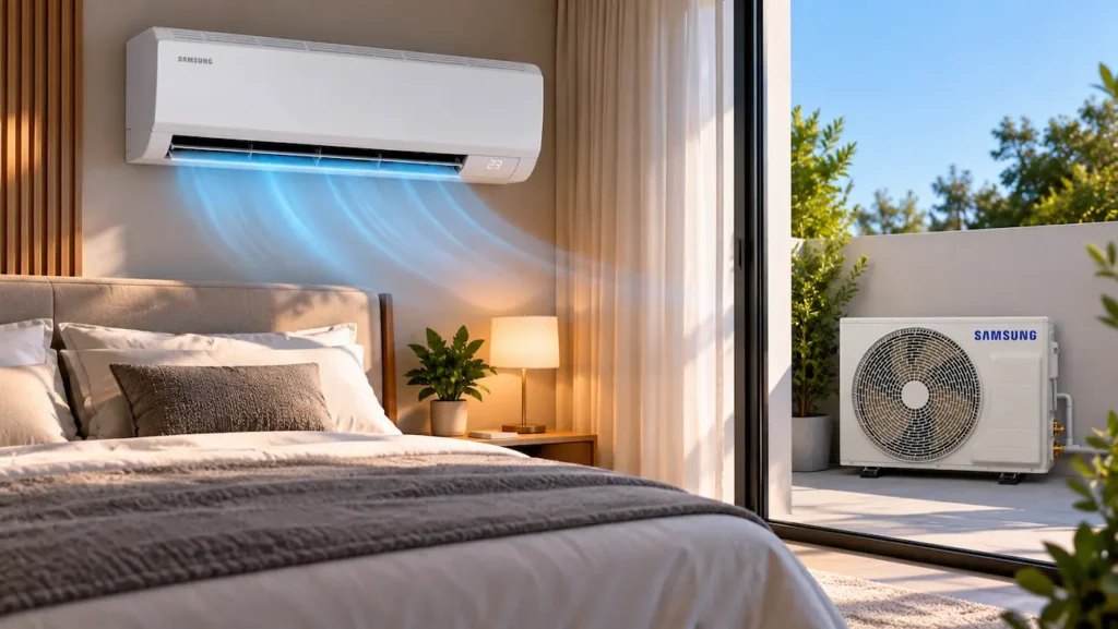 Ar-condicionado Samsung Ultra Connect IA fica 40% mais barato na Amazon 2 Ar-condicionado Samsung Ultra Connect IA instalado em quarto moderno, com unidade interna na parede e condensadora na área externa.