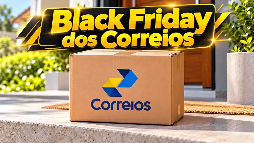 Black Friday dos Correios oferece descontos de até 35% nas postagens 2 Caixa com o logotipo dos Correios diante de uma casa e título da Black Friday em amarelo e preto.