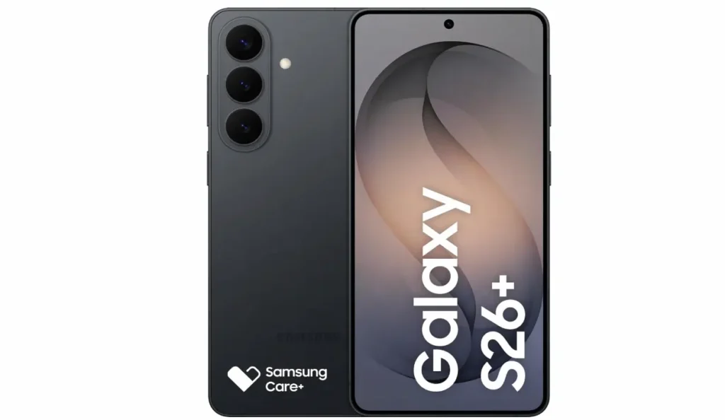 Quase metade do preço! Samsung Galaxy S26+ está com 45% de desconto na Amazon 2 Samsung Galaxy S26+ na cor grafite, exibindo tela frontal, conjunto de três câmeras traseiras e identificação Samsung Care+.