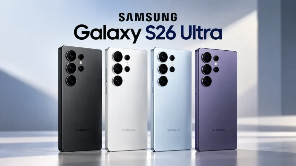 Quase R$ 5 mil de desconto! Samsung Galaxy S26 Ultra tem preço reduzido em 41% na Amazon 2 Quatro modelos do Samsung Galaxy S26 Ultra nas cores preto, branco, azul e violeta, posicionados verticalmente, com as câmeras traseiras em destaque.