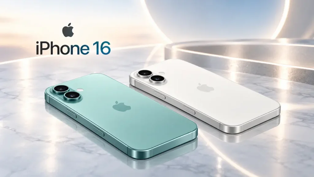 iPhone 16 mais barato? Mercado Livre anuncia ofertas com até 45% de desconto 2 iPhone 16 nas cores branco e verde sobre superfície elegante, representando promoção para compra de novo celular.