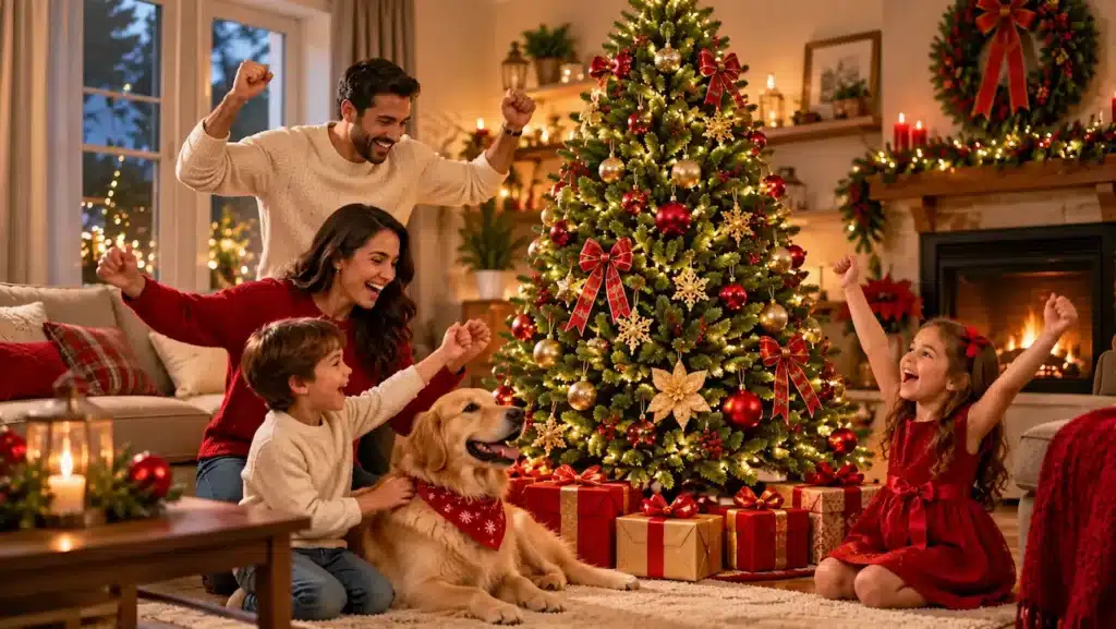 Mercado Livre anuncia árvore de Natal com 1.800 galhos e desconto de 42%; confira a promoção 2 Família comemora o Natal ao lado de árvore decorada com luzes, bolas e presentes na sala.