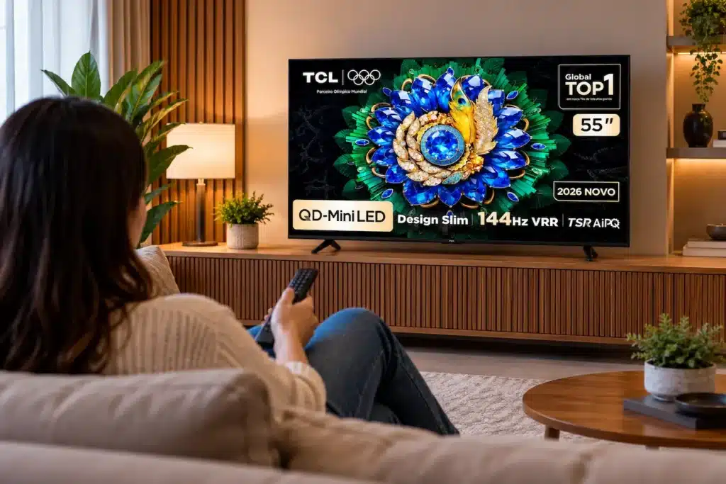 Preço caiu: smart TV MiniLED da TCL tem 43% de desconto no Mercado Livre 2 Mulher assistindo à smart TV MiniLED da TCL de 55 polegadas em uma sala moderna.