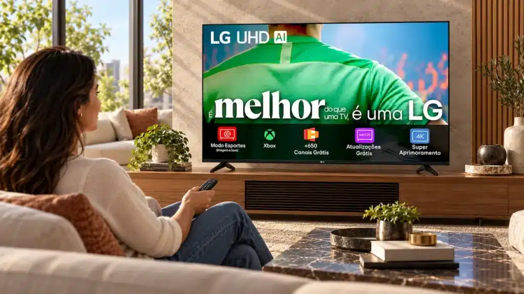 Smart TV LG UHD fica 52% mais barata antes do 10.10 do Mercado Livre; veja o preço 2 Mulher sentada no sofá, com controle remoto na mão, assistindo à Smart TV LG UHD em uma sala moderna.